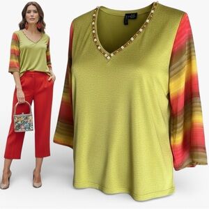 LYNN RITCHIE Top Knit Jersey Silk and Striped Silk Bell Sleeves Beaded Neck Sz M